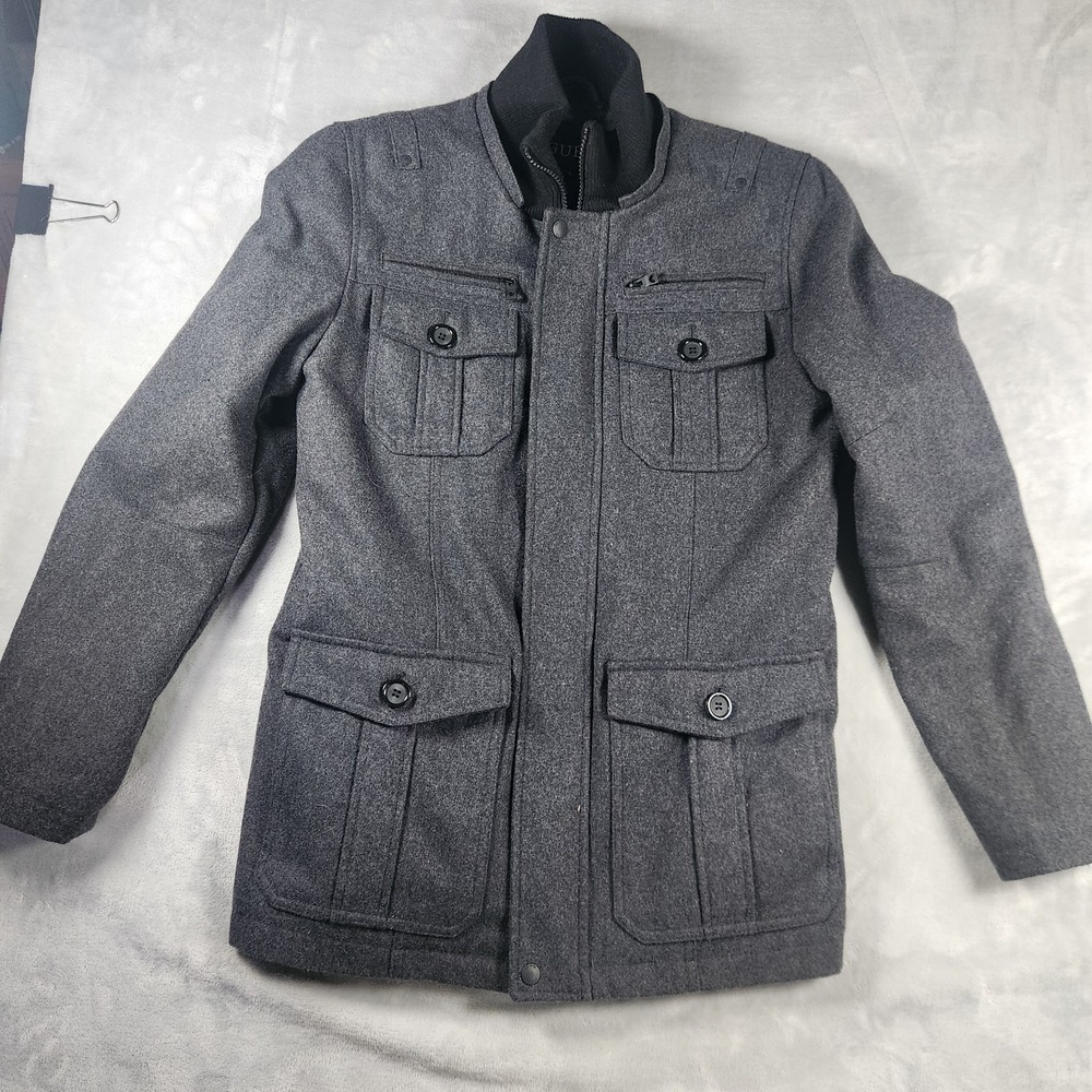 GUESS Men's Gray Wool Blend Insulated Military Quilted Field Coat Jacket Sz S